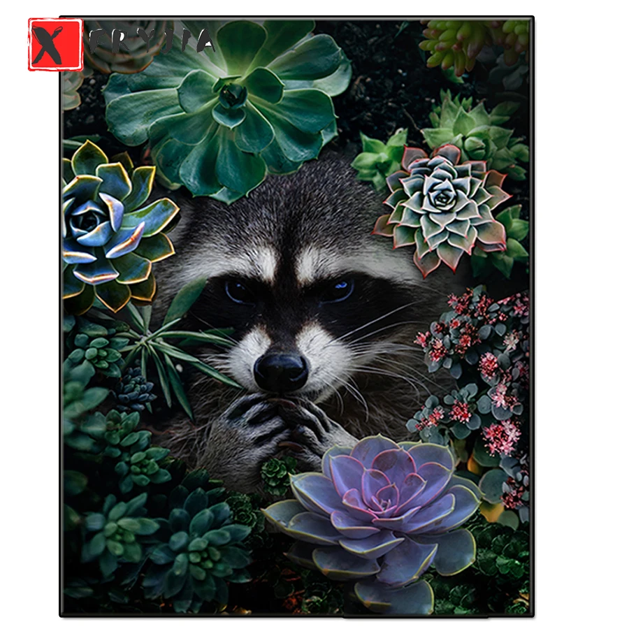 

3D picture of rhinestones mosaic Raccoon Flower Jungle animal embroidery paint with diamonds painting sale crystal beads decor
