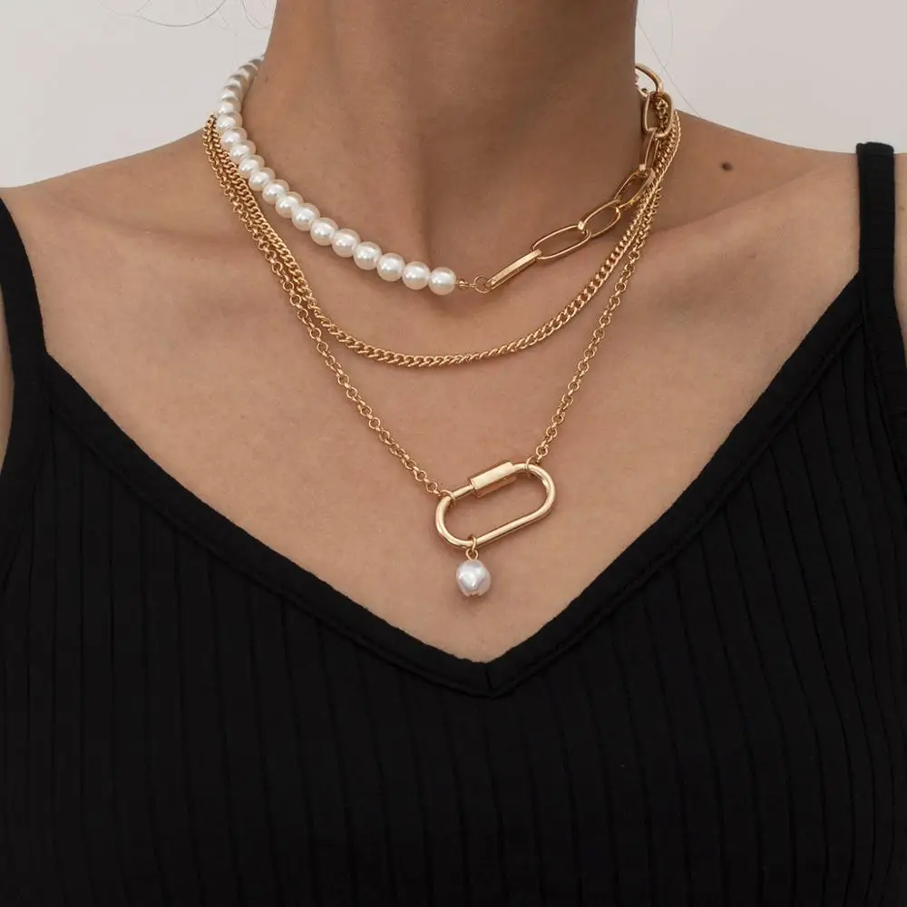 

Baroque Pearl Choker Necklace for Women Gold Color Gothic Chains Pin New Design Fahsion Lovers Men's Necklace Jewelry Charm Gift