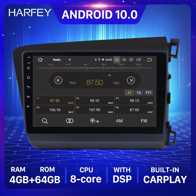 Автомагнитола Harfey для Honda Civic 10 0 4 + 64 ГБ Android 2012 9 дюймов сенсорный экран |