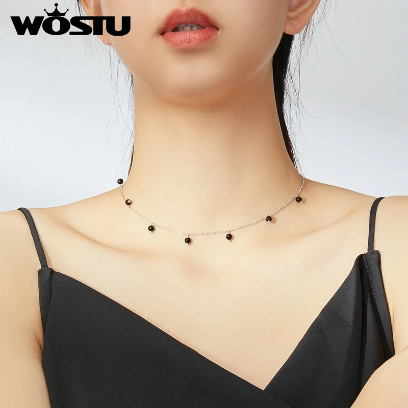 Женское ожерелье из серебра 925 пробы длинная цепочка с черным кристаллом