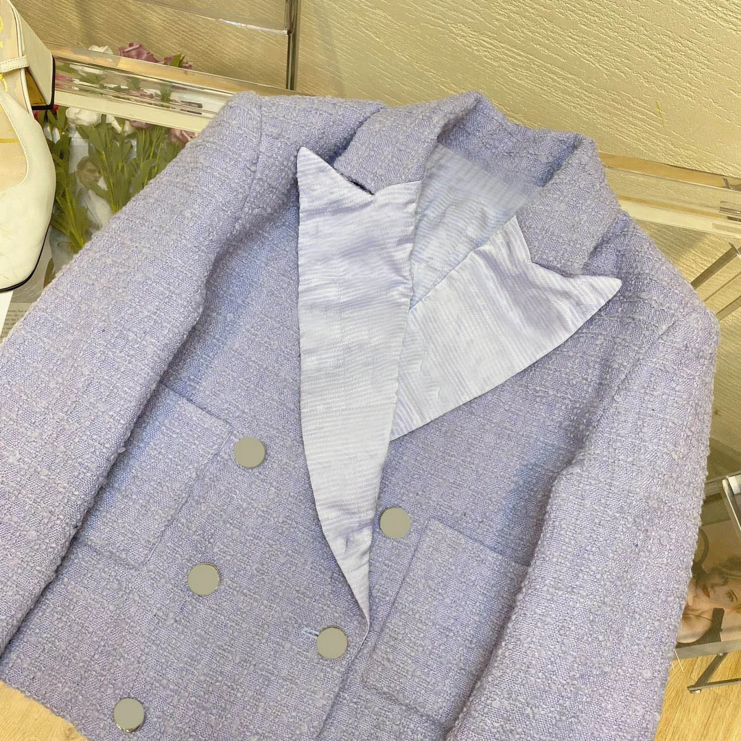 

High-end Purple Woolen Coats for Women Big Pocket Slim Jackets Top Quality Double Breasted Lapel Tweed Jackets Lady Winter 2021