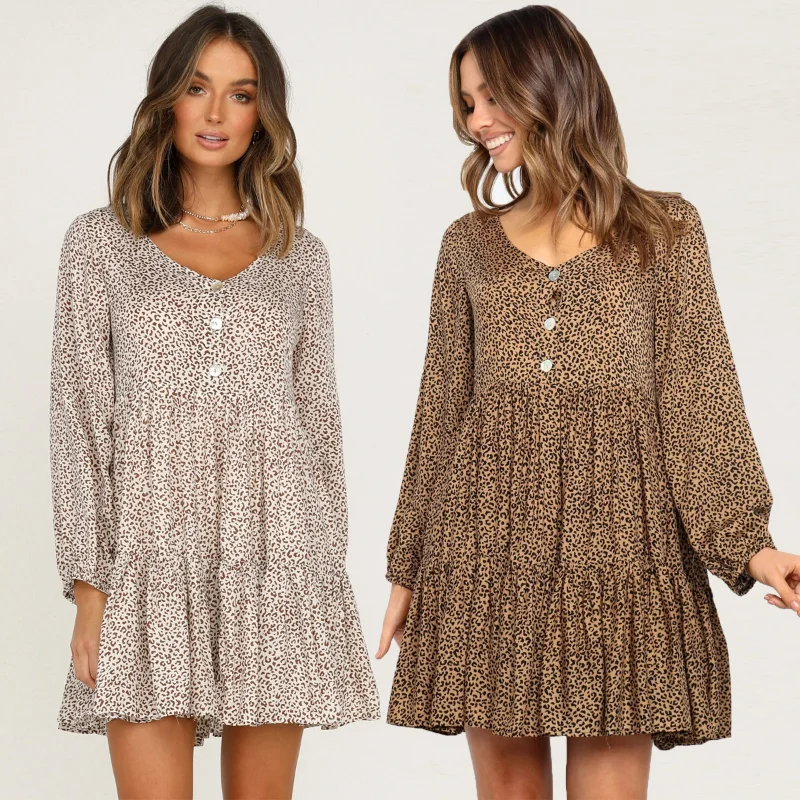 

Pleated Ruffled Short Dress V-neck Button Lantern Long Sleeve Vintage Casual Print Loose 2021 Autumn Fashion Women Mini Dresses