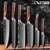 xituo 6 pcs kitchen knives set laser damascus pattern sharp santoku knife slice knife bread knife kitchen multipurpose knives