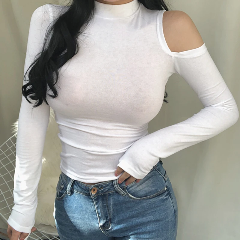 Shintimes сексуальные высокоэластичные топы с открытыми плечами футболка Femme 2019