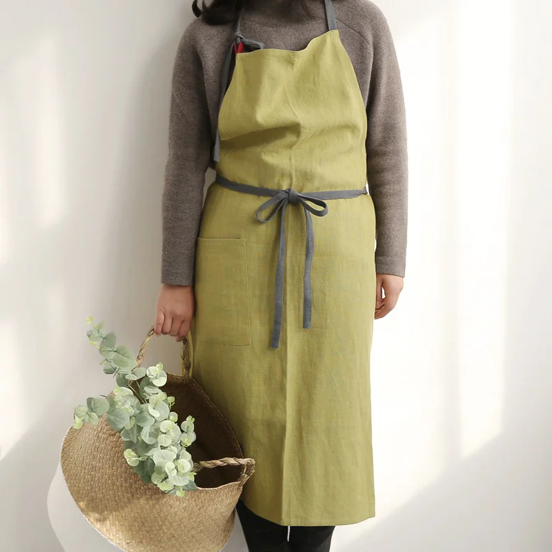 

Kitchen Apron For Women & Men Japanese Cotton Linen Cooking Aprons With Pocket Large Loose Solid Sleeveless Home Household Apron