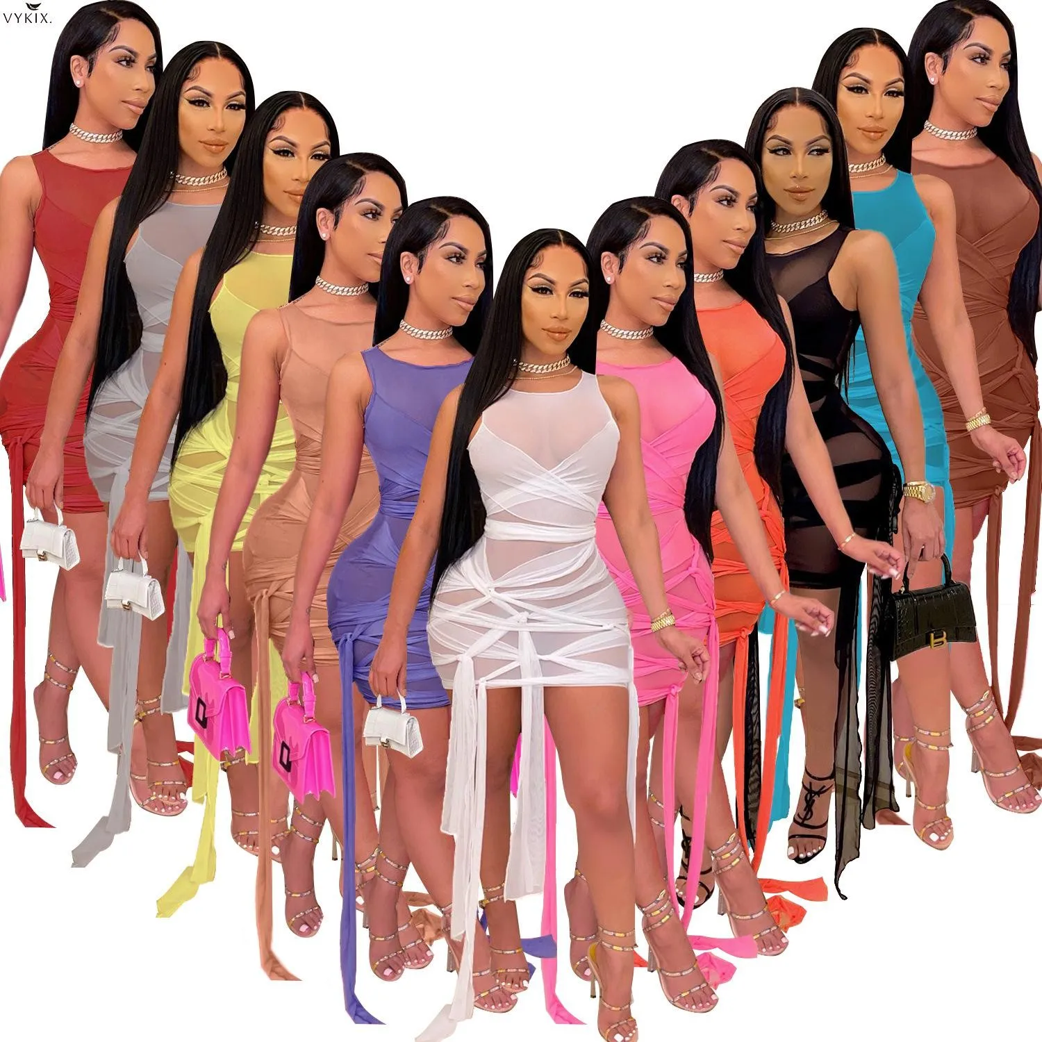 

2021 Drawstring Mini Mesh See Though Dress Patchwork Sleeveless Streetwear Sexy Above Knee Mini Bodycon Clubwear Dresses Hotsell