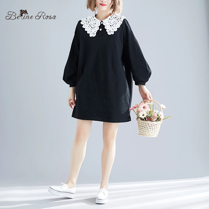 BelineRosa Женское Kawaii Черное короткое платье украсить кружевным воротником Фонарь