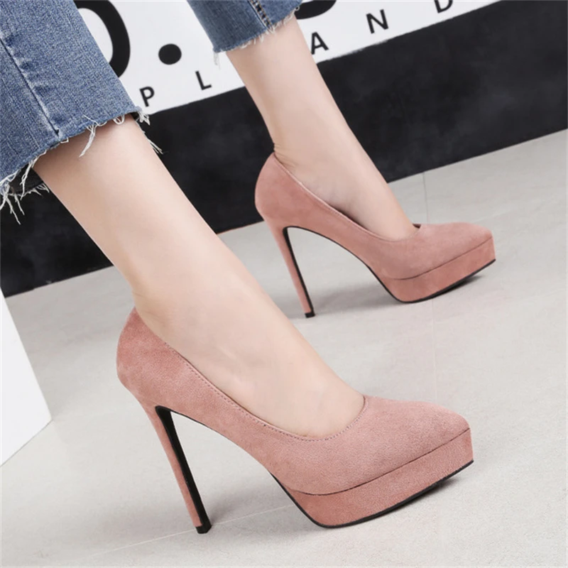 

Women's belted heel shoes sexy pointed 13CM high-heeled stilettos suede nightclub waterproof platform shallow mouth was thin