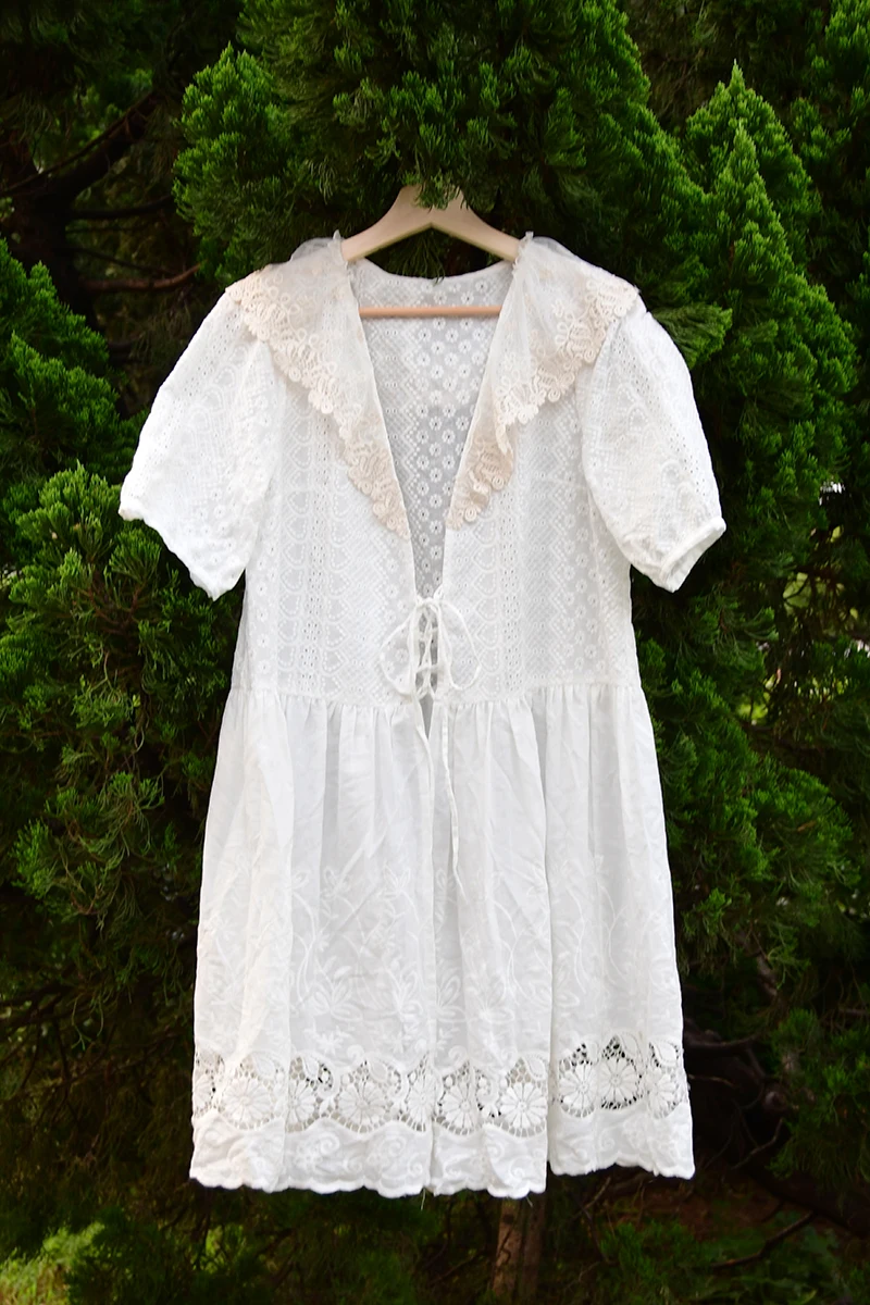 

Mori Girl Retro Vintage Bohemian Ethnic Embroidery Crochet Lace Kimono Cardigan Elegant Summer White Blouse Tops Beach Cloth