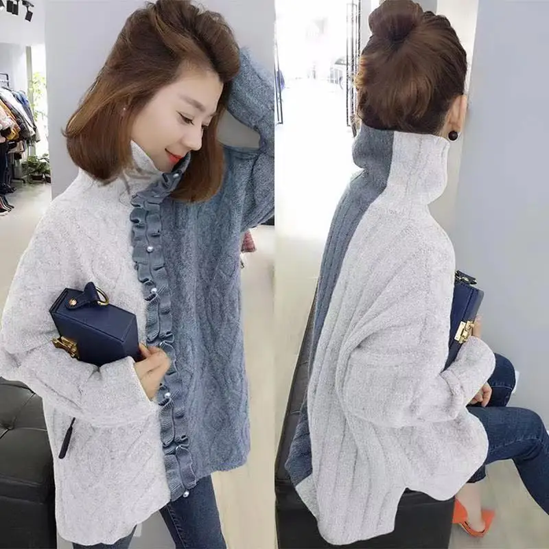 

Women 2021 Spring Autumn Knitted Clothes Sweaters Stitching Color Long Sleeve Turtleneck Pullovers Female Casual Clothing X565