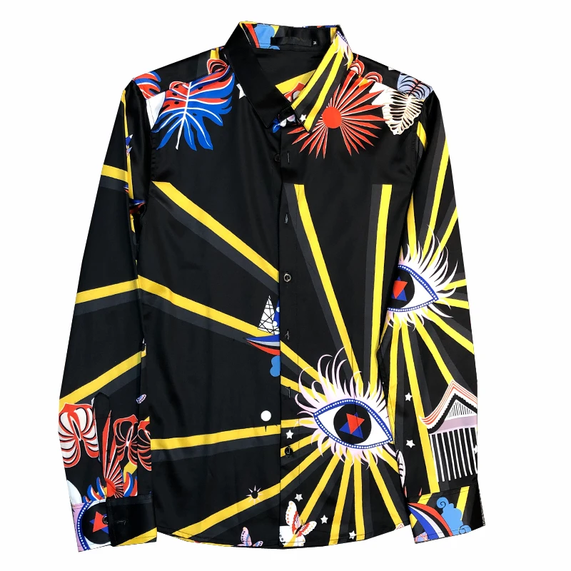 Мужская приталенная рубашка с принтом повседневная брендовая длинным рукавом