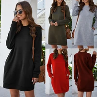 2021 fashion newdress women sweatshirt autumn winter long sleeve plue size o neck warm loose solid color pocket womens dresses