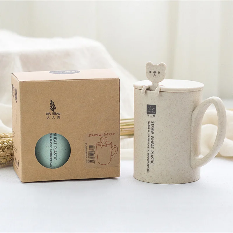 Пластиковая кружка из пшеничной соломы для мужчин и женщин Милая с ложкой ручкой