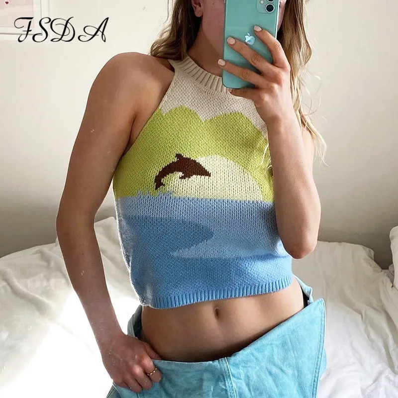 

FSDA 2021 Summer Print Green Crop Top Knitted Women Sleeveless Off Shoulder Beach Casual Fashion Party Tank Tops Sexy