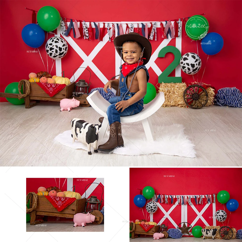 

Farm Cake Smash Photography Backdrops Red Barn Animal Balloon Decor Chirldren 1st Birthday Photo Props Studio Booth Background