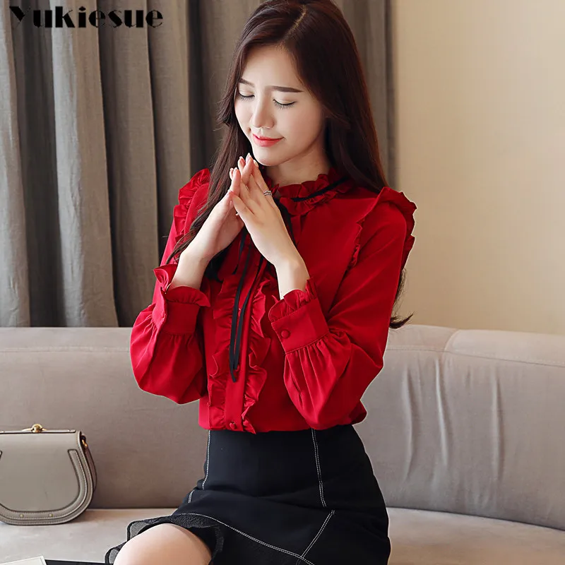 Женская теплая шифоновая блузка с длинным рукавом и бантом | одежда