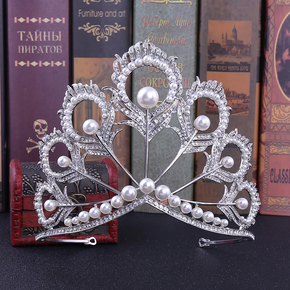

Crystal Pearl Peacock Feather Queen Big Crown Bridal Tiara For Women Beauty Pageant Bridal Wedding Hair Accessories Jewelry