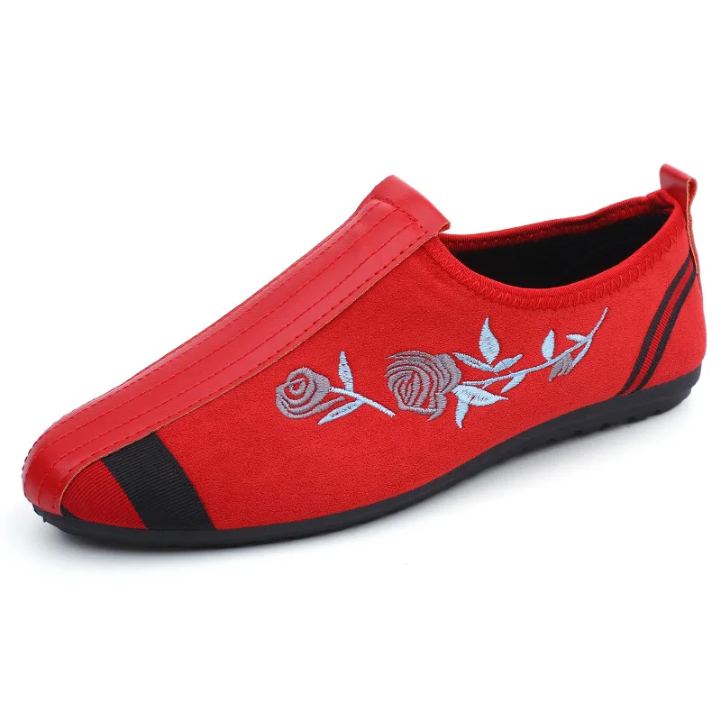 Мужские мокасины с красной вышитой розой лоскутные лоферы из искусственной