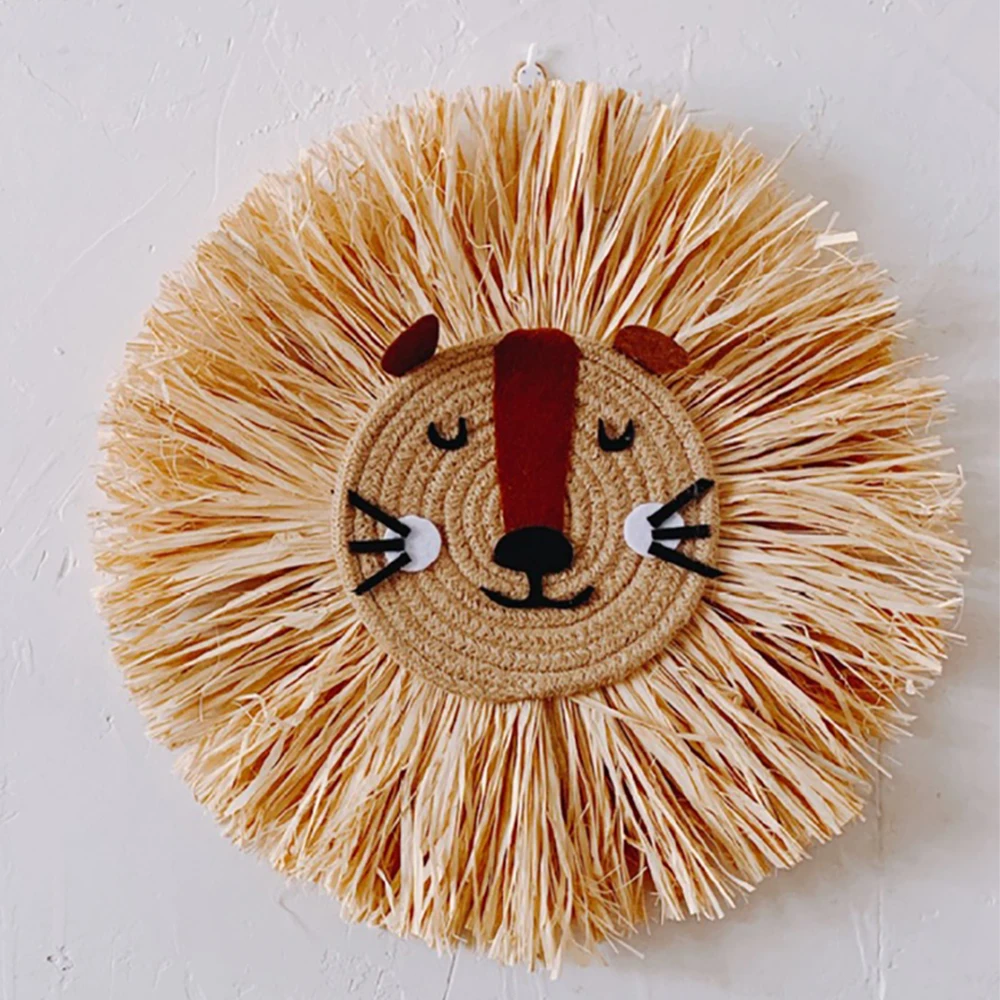 

Nordic Hand Woven Cartoon Lion Hanging Decorations Cotton Thread Weaving Animal Head Ornament Children Room Wall Hanging Decor