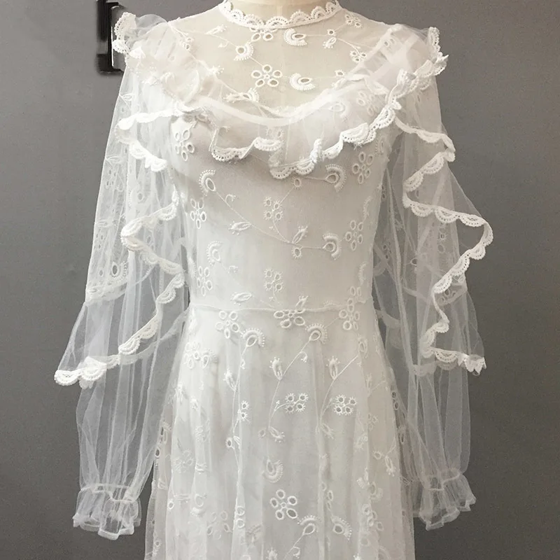 

VGH Elegant Embroidery Dress Sexy Ruffles Patchwork Lantern Sleeve Tunic High Waist Long Dresses 2020 Summer Fashion Clothing