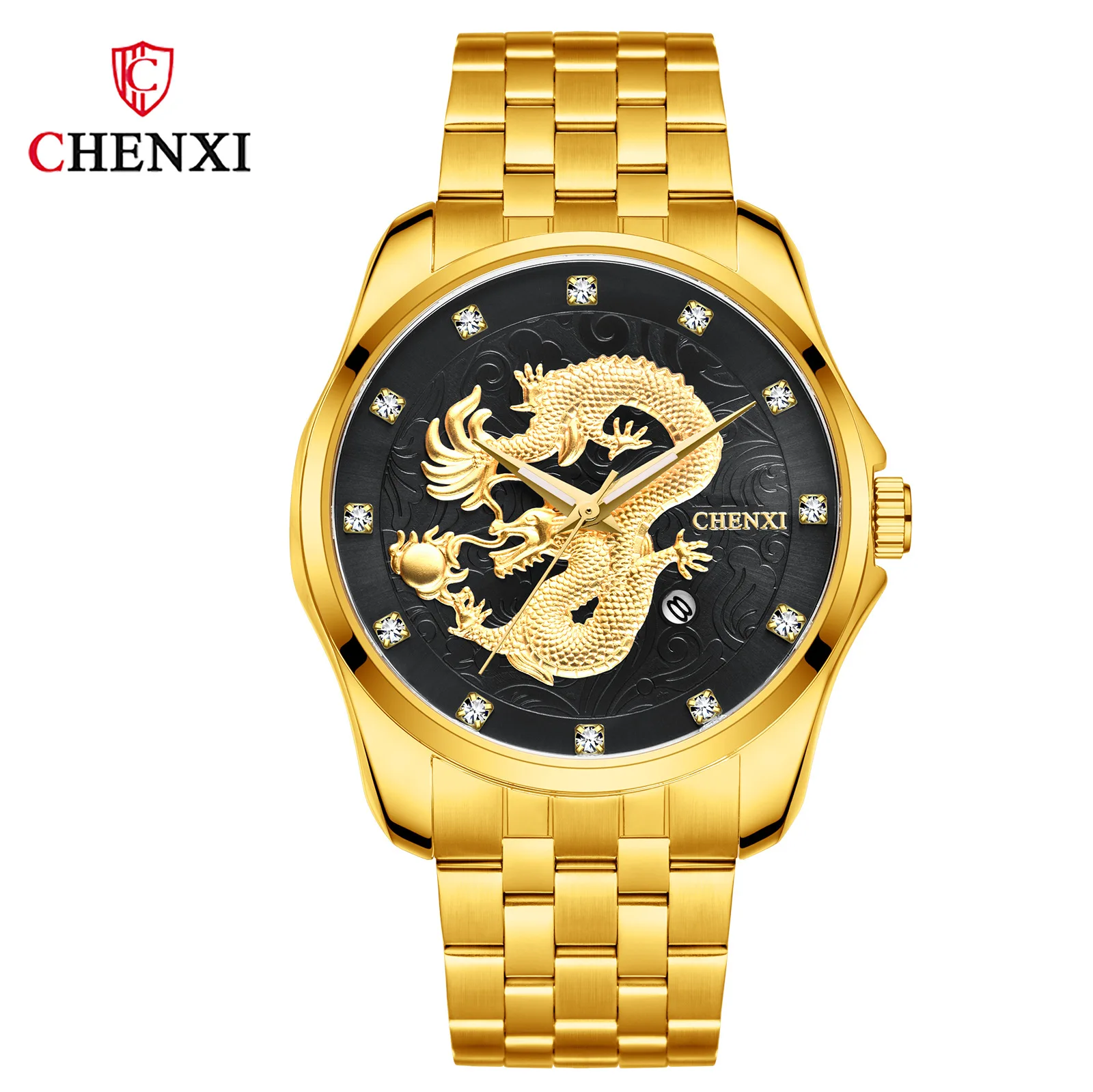 

Мужские часы высшего качества роскошный бренд CHENXI золотой дракон Стразы циферблат властителя жизнь носить водонепроницаемый Полный кален...