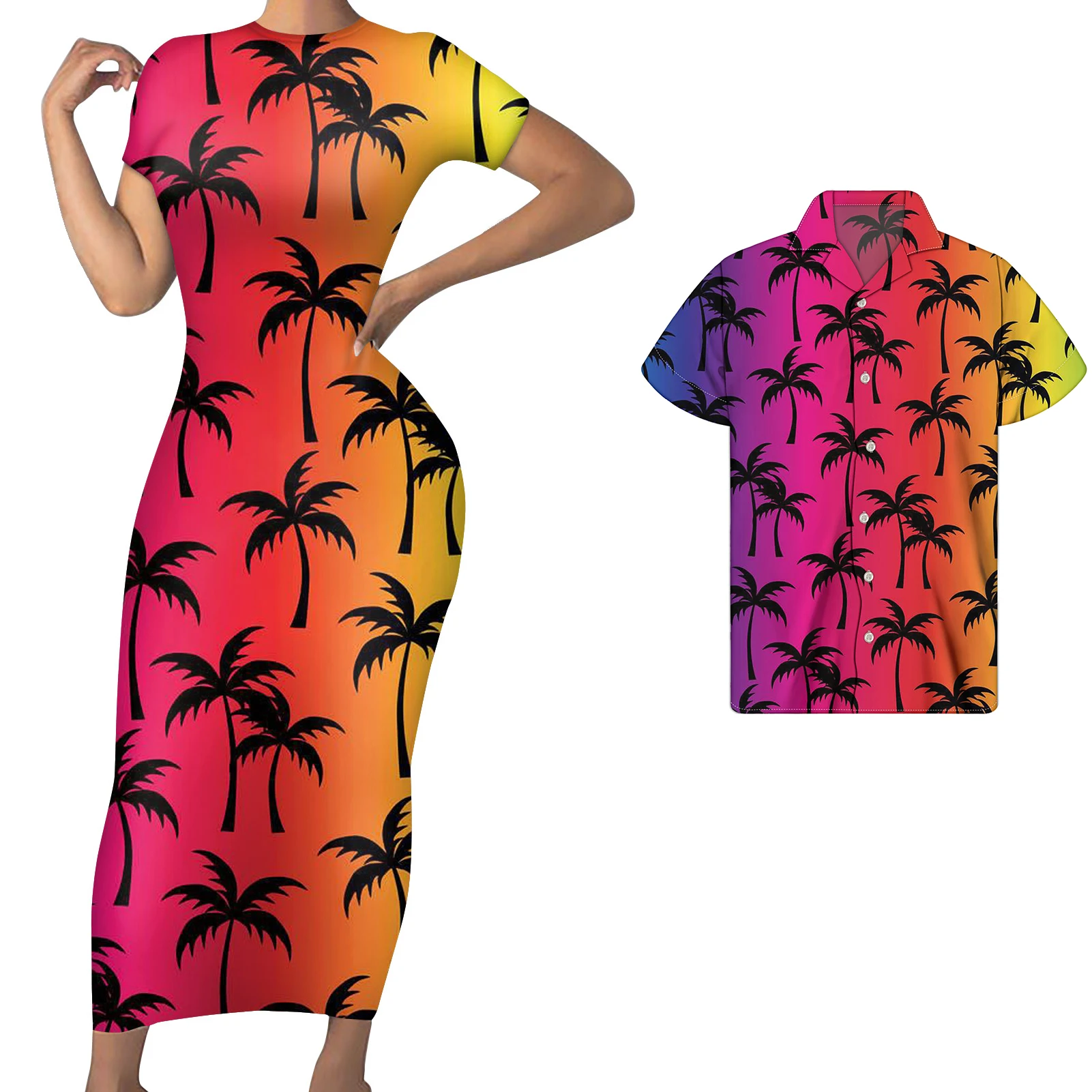 

WHEREISART Summer Beach Dress Women Sexy Bodycon Dress Hawaii Palm Tree Design Men Short Sleeve Shirt Ladies Maxi Dress