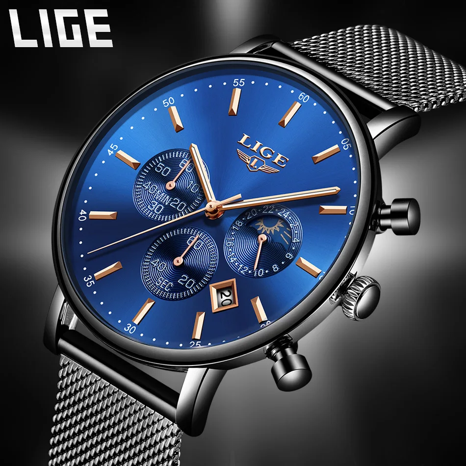 

LIGE 9894 Men's Personality Fashion Waterproof Moon Phase Quartz Watch Trend Casual Business Sports Ultra-Thin Wristwatches Male