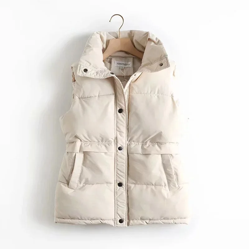 

2021 Autumn Winter Women Solid Loose Vest Drawstring Stand Collar Long Vest Jacket Cotton Padded Women Windproof Warm Waistcoat