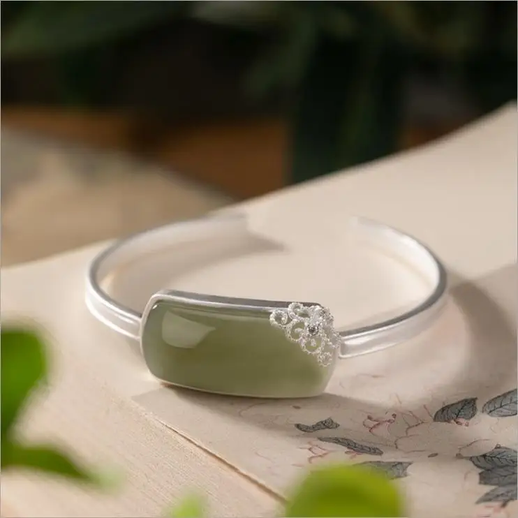 

Gray Jade Geometric Bracelet S925 Sterling Silver Sandblast Hetian Jade Watch-Shaped Bracelet Xiangyun Exquisite Open Bracelet f