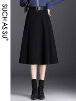 such as su new 2021 women sashes black brown high waist wool pleated skirt autumn winter s 3xl size female mid long skirts 7122