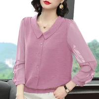women spring summer style chiffon blouses shirts lady casual long sleeve peter pan collar blusas tops df4033