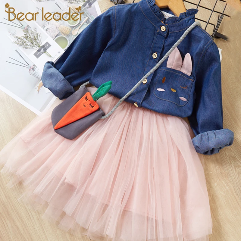 Bear Leader Girls Dress 2020 New Spring Casual Style Denim Dresses Long Sleeve Rabbit Patch Design For Children Clothing | Детская