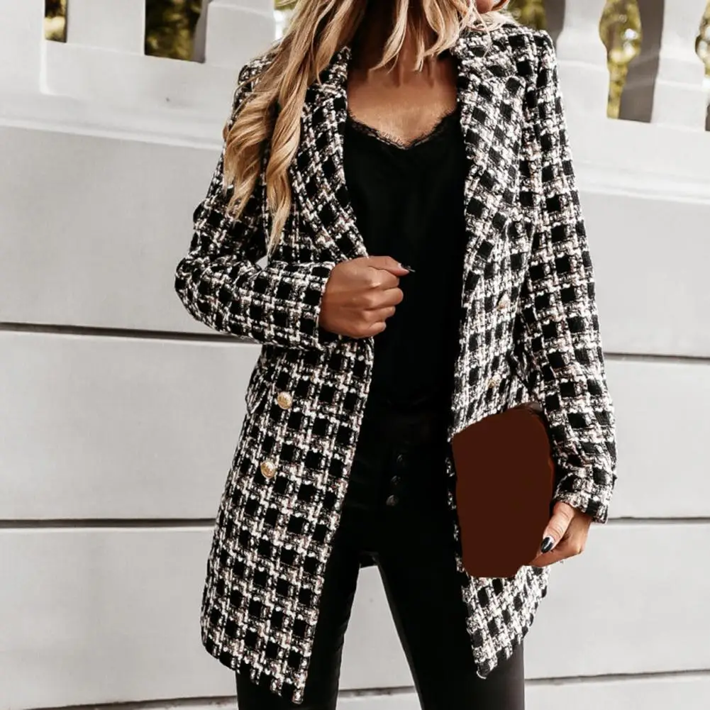 Coat Plaid Warm Mid-length Women Outer Garment For Winter Formal Jackets Checkered Outerwear Tops