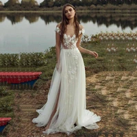 2022 boho wedding dresses off the shoulder 3d floral lace appliques bridal dress slit garden wedding gown vestido de noiva