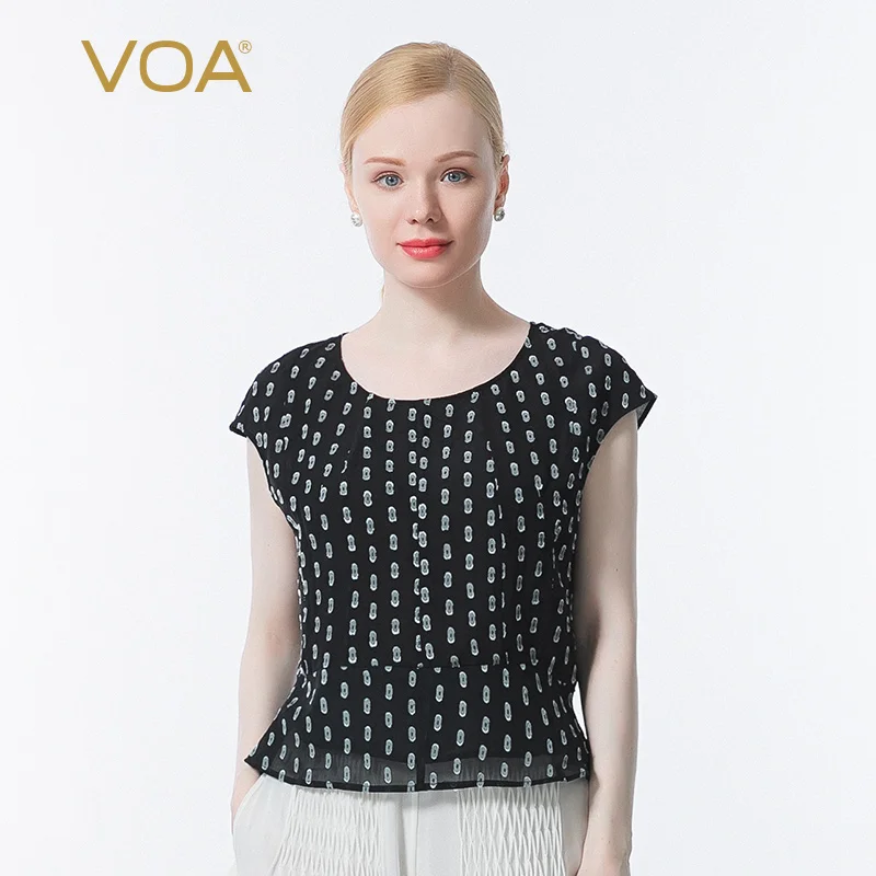 

VOA простые шелковые женские футболки с круглым вырезом и узором в горошек, летние топы, Повседневная футболка, прямые рукава, графические фу...