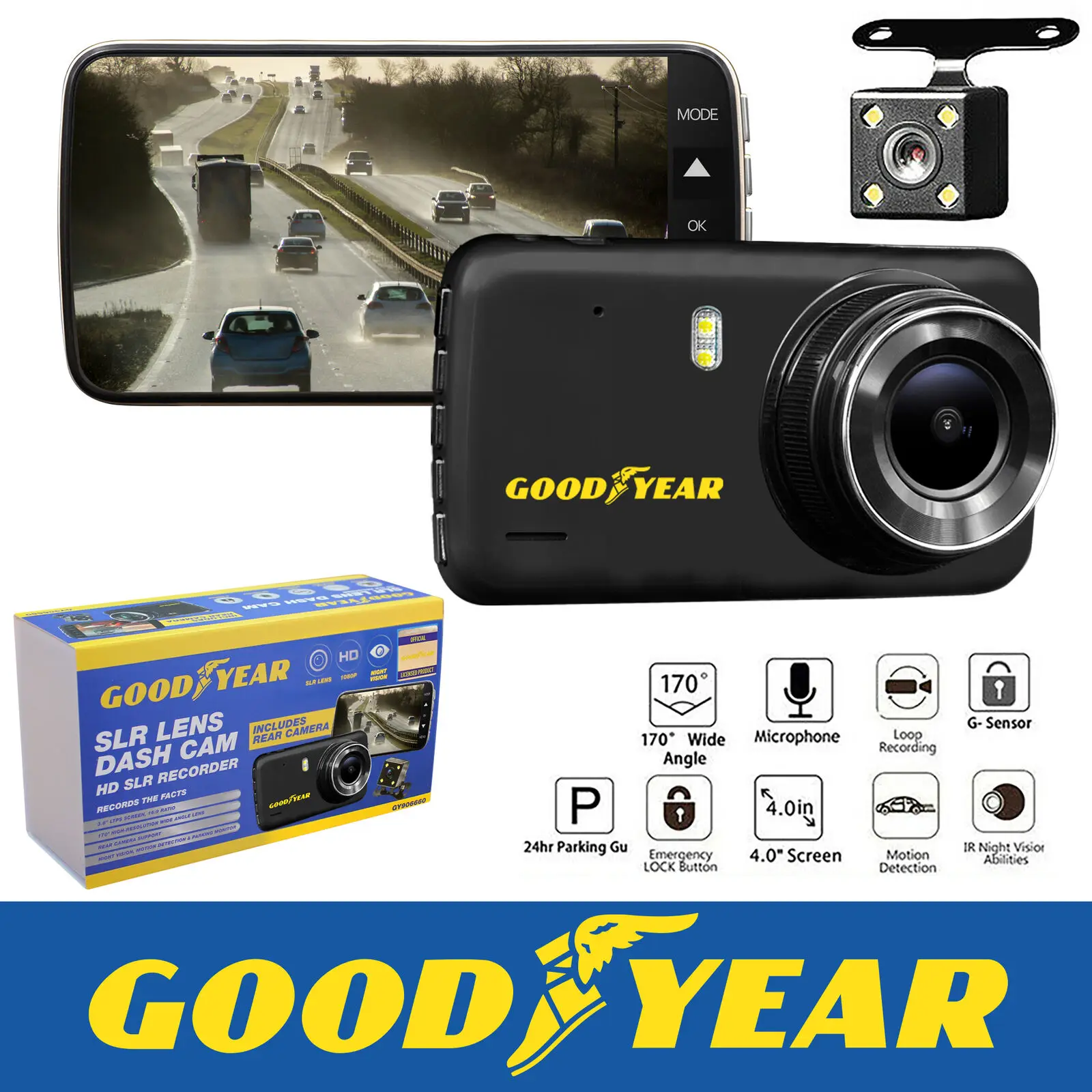 

Goodyear 1080P Dual Lens Car DVR Front and Rear Camera Video Dash Cam Recorder