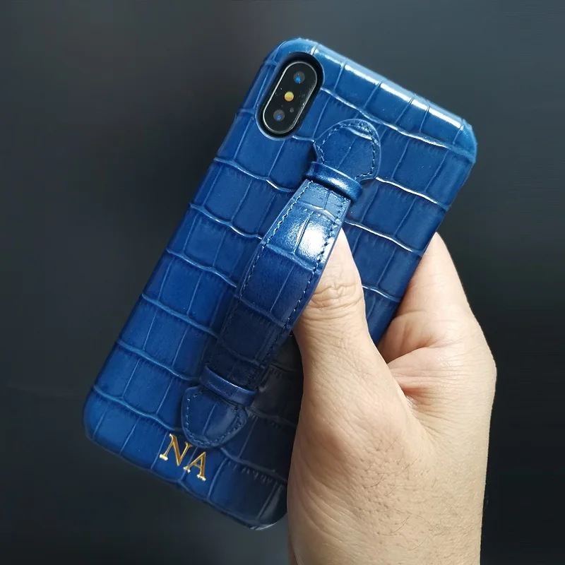 

Genuine Leather Thin Case For iPhone X XS Max XR 7 8 Plus SE2020 Hand Strap Holder Phone Luxury Blue Crocodile Slim Cover Coque