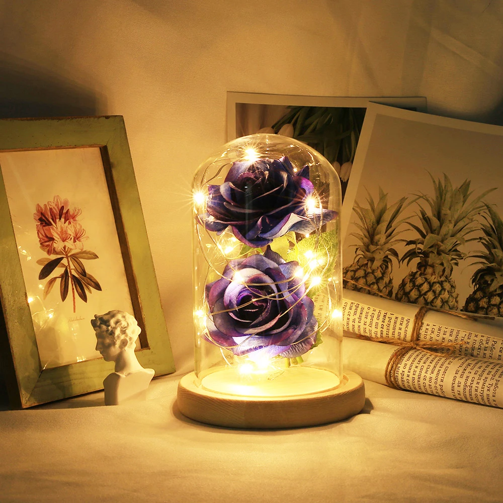 

LED Fairy Light 2pcs Artificial Roses In a Glass Dome Fake Flower LED Night Light Home Party Wedding Decor Mother's Day Gift