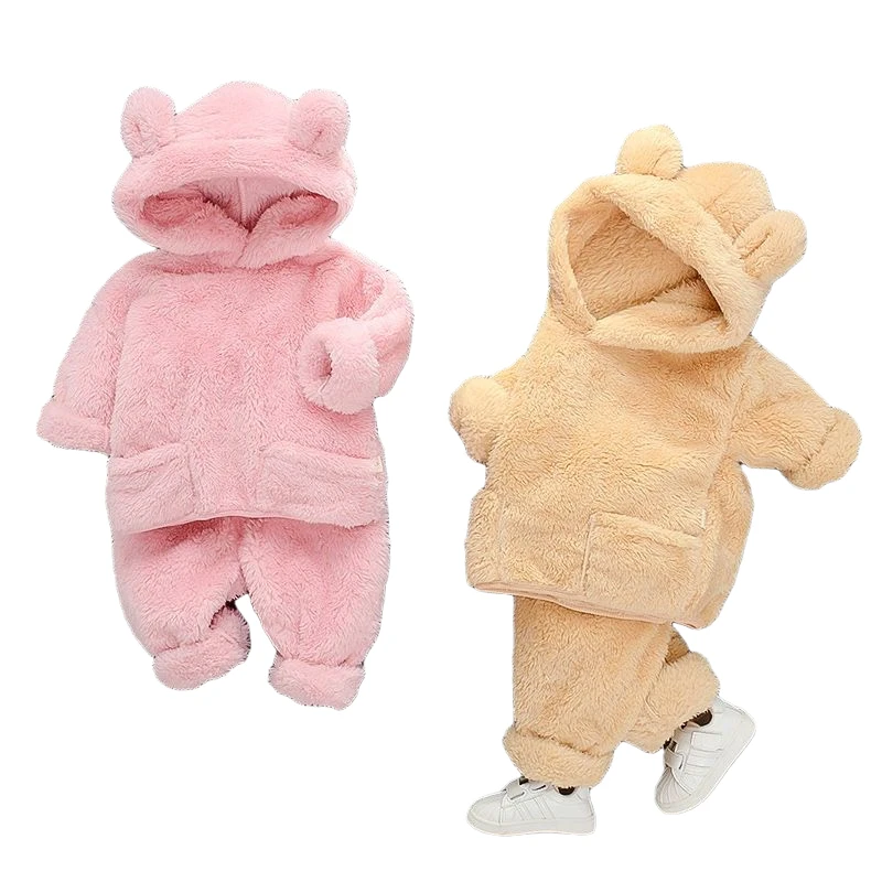 

Autumn Winter Children Babay Clothes Infant Boy Girl Set Warm Soft Plush Thick Hooded Sweater+Pants 2pcs Solid Toddler Kids Suit