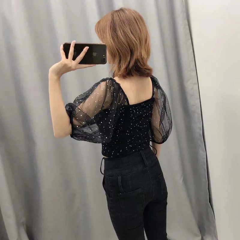 Прозрачная Сексуальная Блузка-кимоно JXYSY в английском стиле с блестками модные