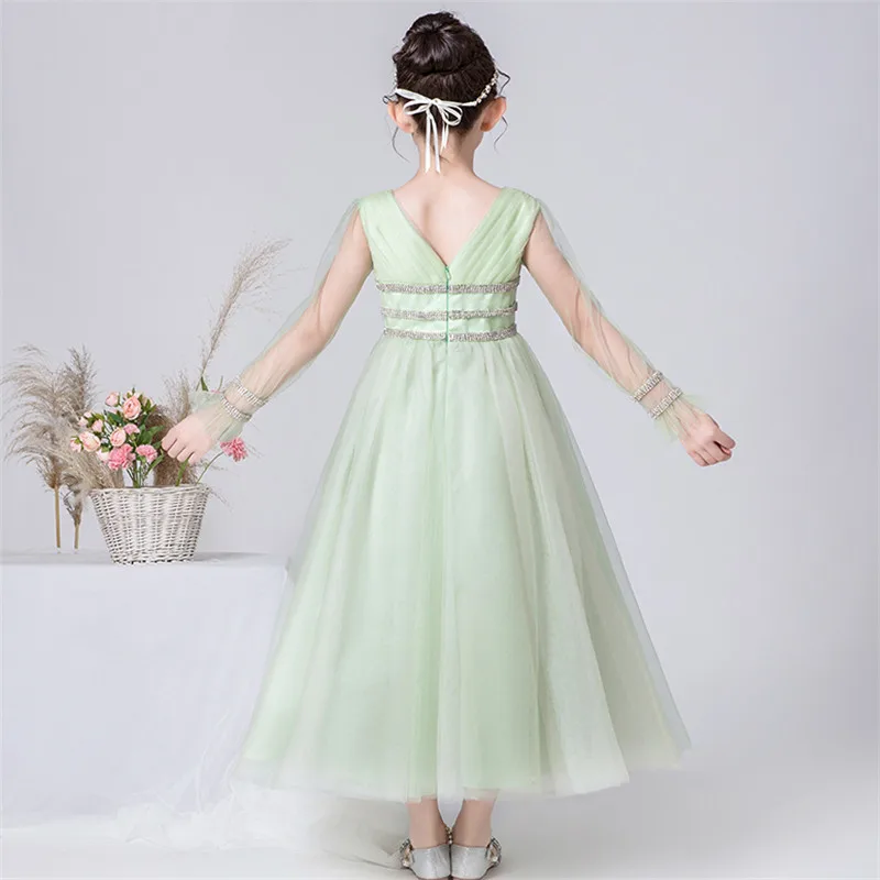 

2019Autumn Spring Luxury Elegant Children Girls Long Fluffy Sleeves Birthday Wedding Party Gift Prom Dress Host Piano Mesh Dress