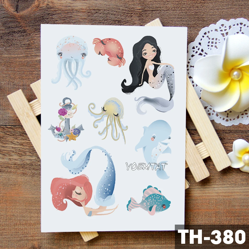 Водостойкая Временная тату наклейка с рисунком русалки пирата енота единорога