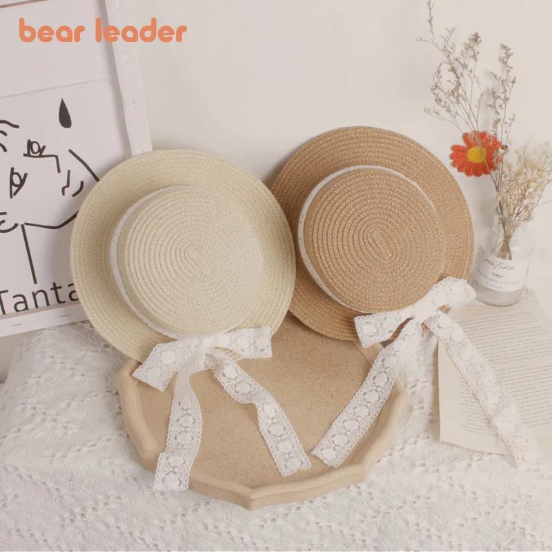 

Bear Leader New Summer Children's Straw Hats Baby Girls Breathable Lace Cap Bow Beach Sun Hat Kids Princess Travel Sunshade Hat