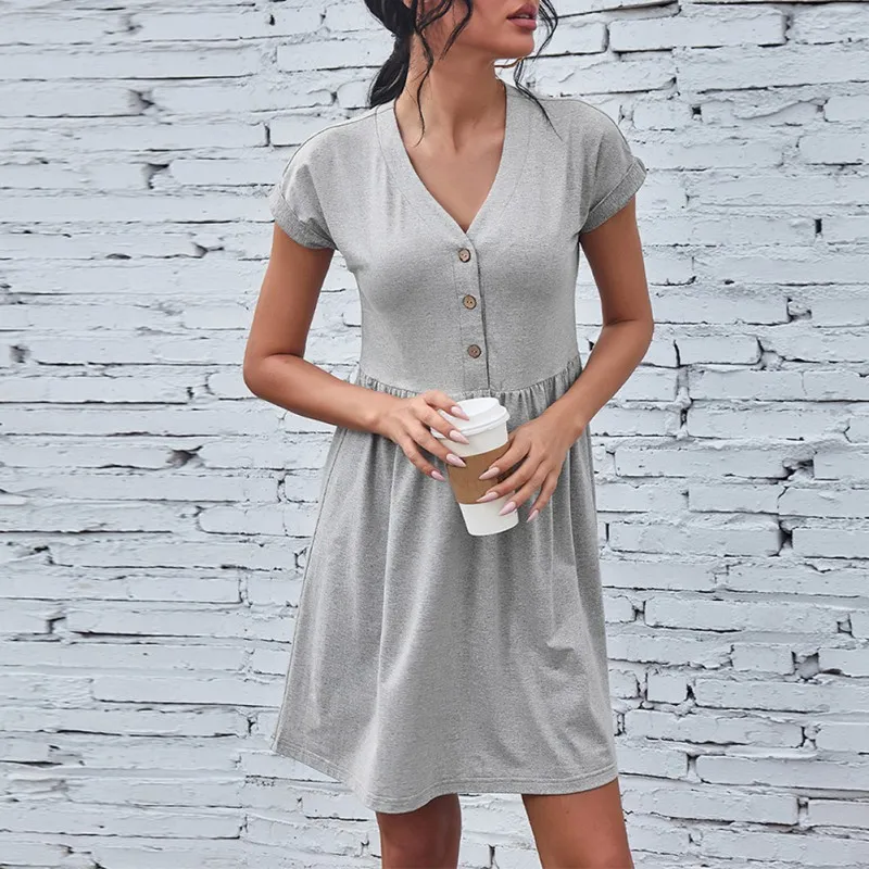 

Summer Style Women Solid Color Button Dress Elegant Women Short Sleeve V Neck Hot Sale Mini Dress