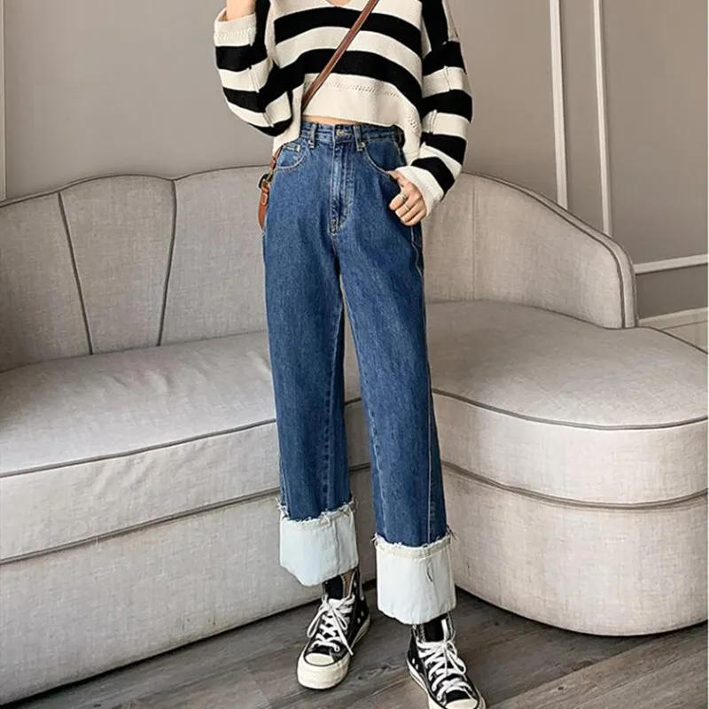 

Женские джинсы с высокой талией, джинсовая одежда с широкими штанинами, синяя уличная одежда, винтажные Качественные прямые брюки в стиле Х...