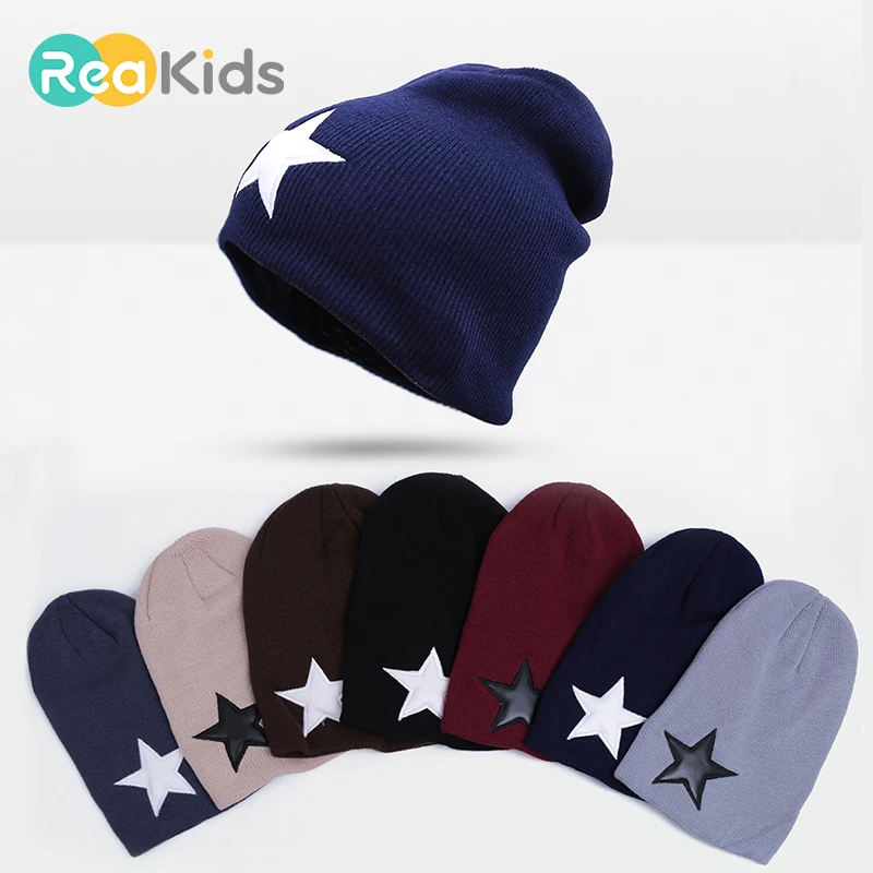 REAKIDS Skullies Beanies Kids Hat Winter Star Cotton Girls Boys Hats Warm Baby For Children | Детская одежда и обувь
