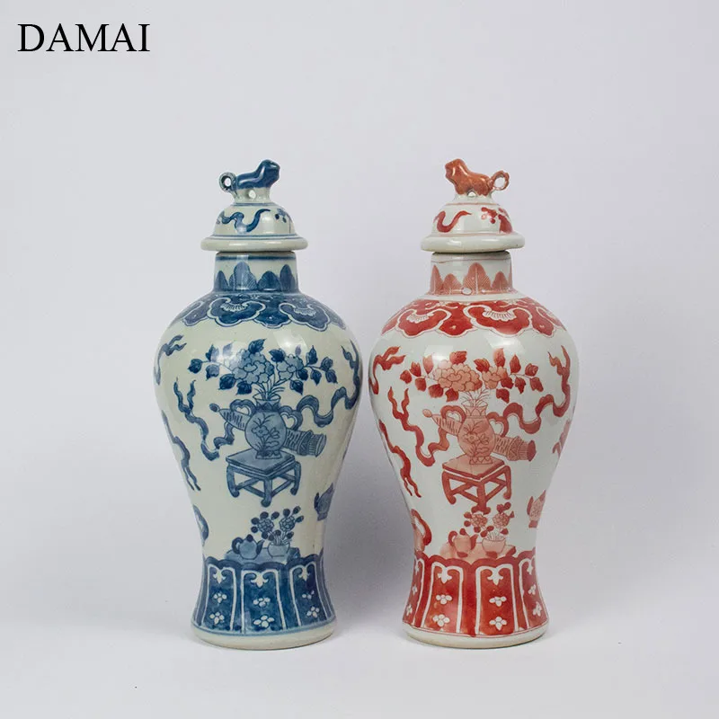 Декоративная керамическая ваза в виде льва китайская окрашенная винтажная синяя