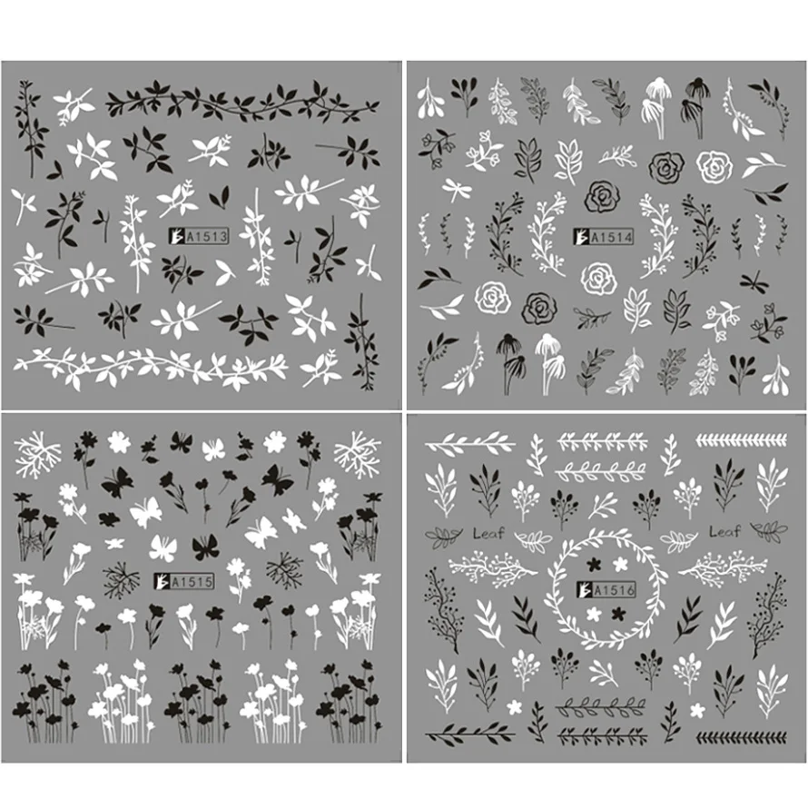 60 дизайнов черно-белых летних растений наклейка для дизайна ногтей слайдер серия