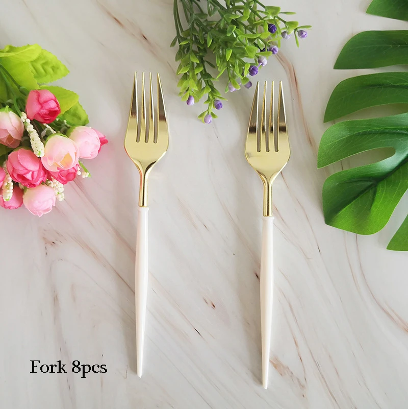 Fork 8pcs Белые одноразовые столовые приборы, вечерние, золотые, бумажные тарелки, стакан с соломинкой, для первого дня рождения, вечеринки, свадьбы, декор для детей, детские вечерние принадлежности - Цвет: Fork 8pcs