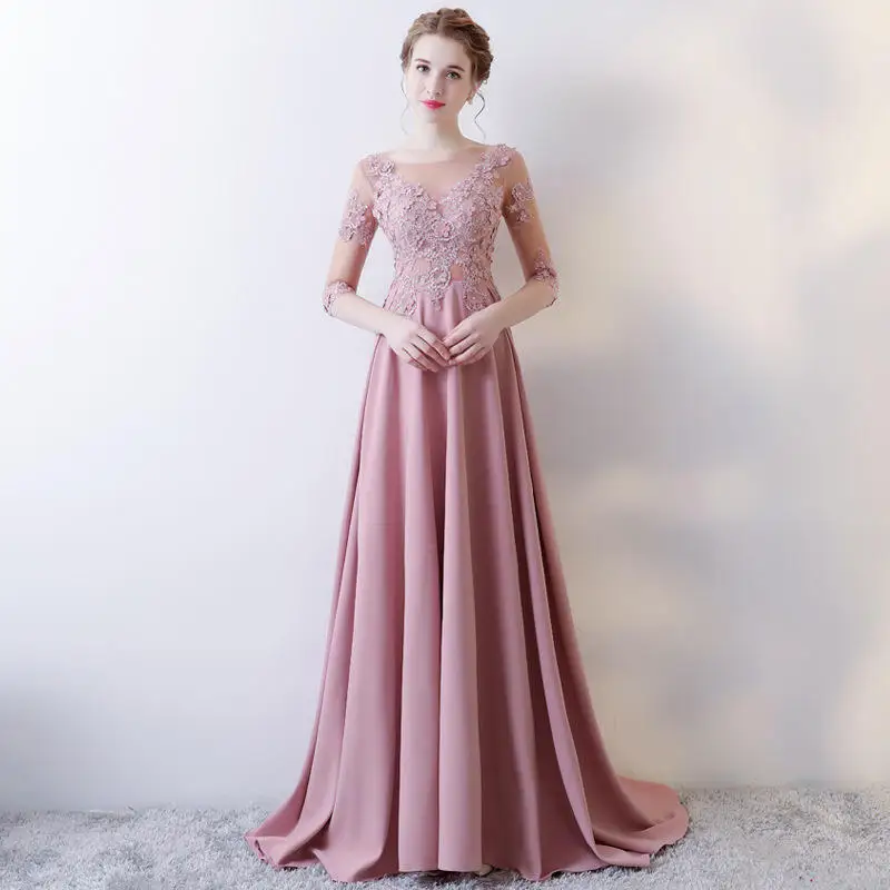 

Illusive Long Style Exquisite Half Sleeve A-Line Appliqued Lace Evening Dress With Sweep Train